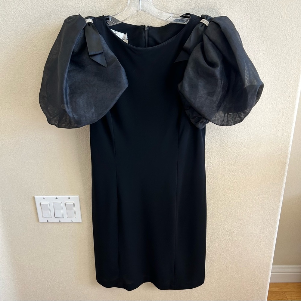 Vintage I. Magnin Remini Black Puff Sleeve Dress Rhinestones Medium Bows USA 12
